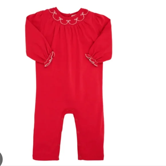 TBBC: Long Sleeve Bridget Romper - Richmond Red w/ Bow Smocking - Picture 1 of 1